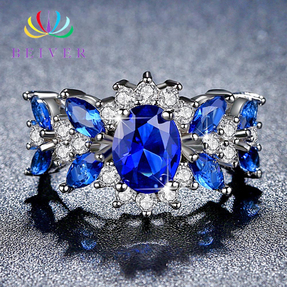 [Beiver] Trendy Micro Pave Cubic Zirconia White Gold Rings for Women | Jewelry Rings Party Decoration.