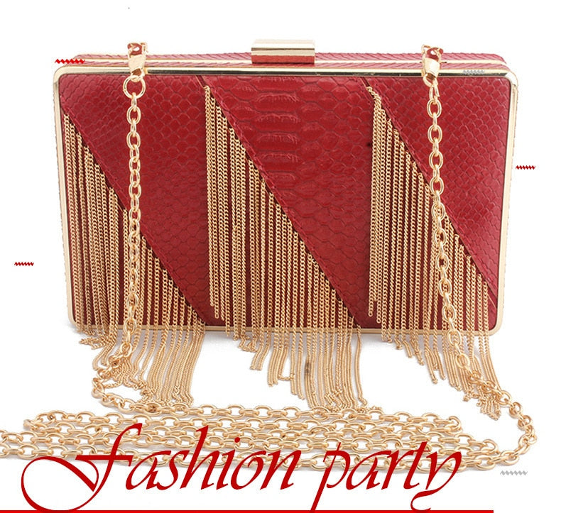 SEKUSA PU Fashion Women Bag Tassel Chain Shoulder Lady Handbags Casual Mixed Color Party Wedding Clutch Evening Bag