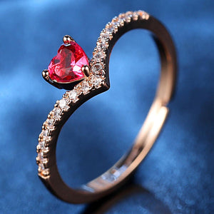 Beiver - Rose Gold Color AAA+ Pink CZ Heart Clear Crystals Cluster Adjustable Finger Ring