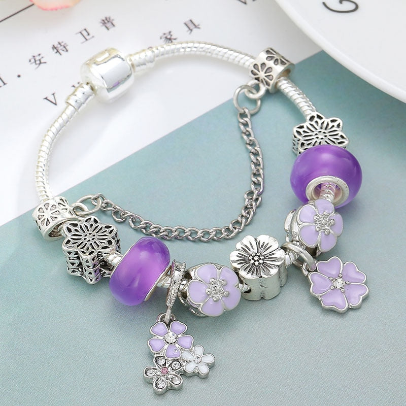 TOGORY New Fashion Grystal&Glass Sunflower Dangles Charm Bracelet Fit Snake Chain DIY Fine Bracelet for Women Jewelry Gift