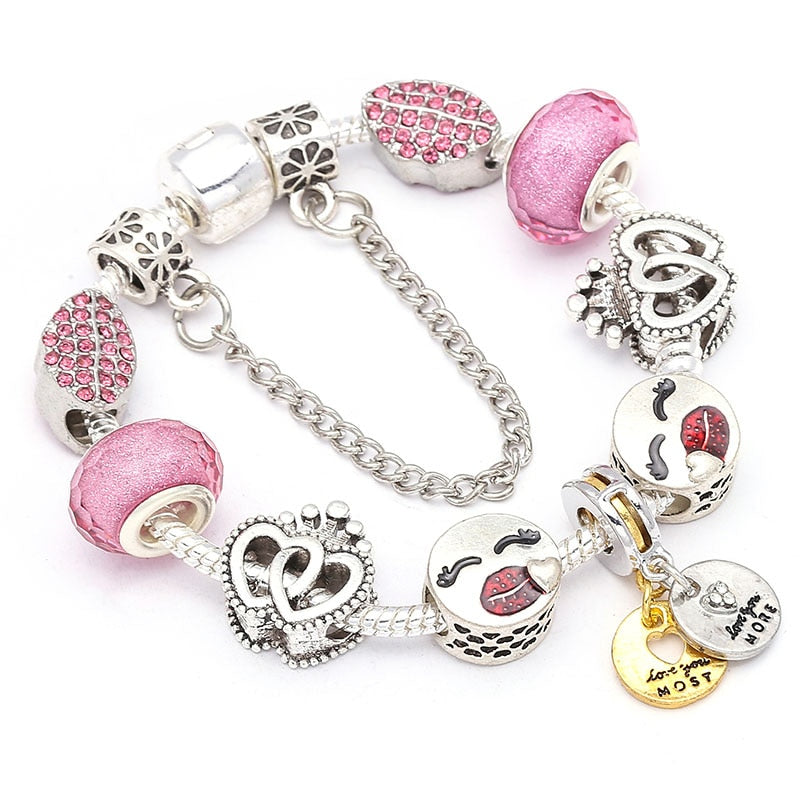 TOGORY New Fashion Grystal&Glass Sunflower Dangles Charm Bracelet Fit Snake Chain DIY Fine Bracelet for Women Jewelry Gift