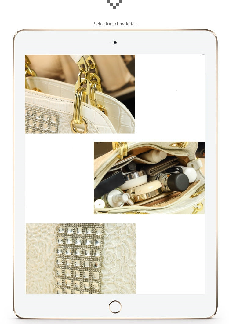 Luxury fashion diamonds women handbags - crocodile pattern leather crossbody - female shoulder shell bag rhinestone.