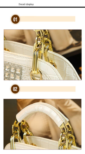 Luxury fashion diamonds women handbags - crocodile pattern leather crossbody - female shoulder shell bag rhinestone.