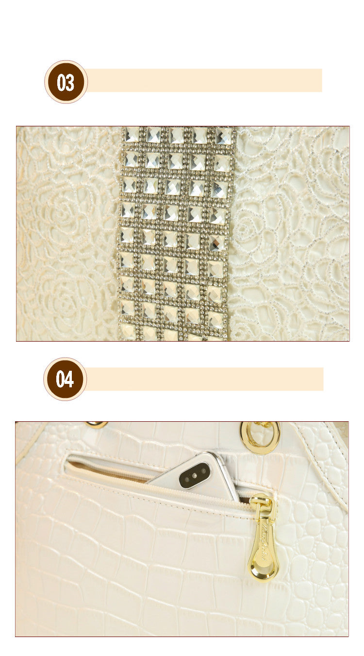 Luxury fashion diamonds women handbags - crocodile pattern leather crossbody - female shoulder shell bag rhinestone.