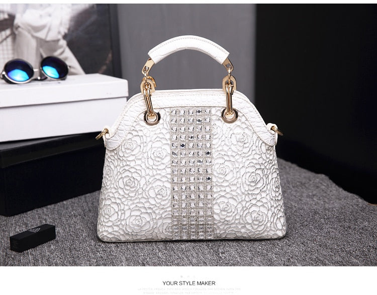 Luxury fashion diamonds women handbags - crocodile pattern leather crossbody - female shoulder shell bag rhinestone.