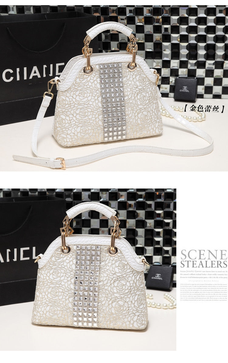 Luxury fashion diamonds women handbags - crocodile pattern leather crossbody - female shoulder shell bag rhinestone.