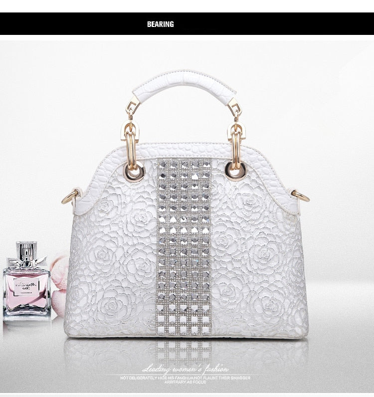 Luxury fashion diamonds women handbags - crocodile pattern leather crossbody - female shoulder shell bag rhinestone.