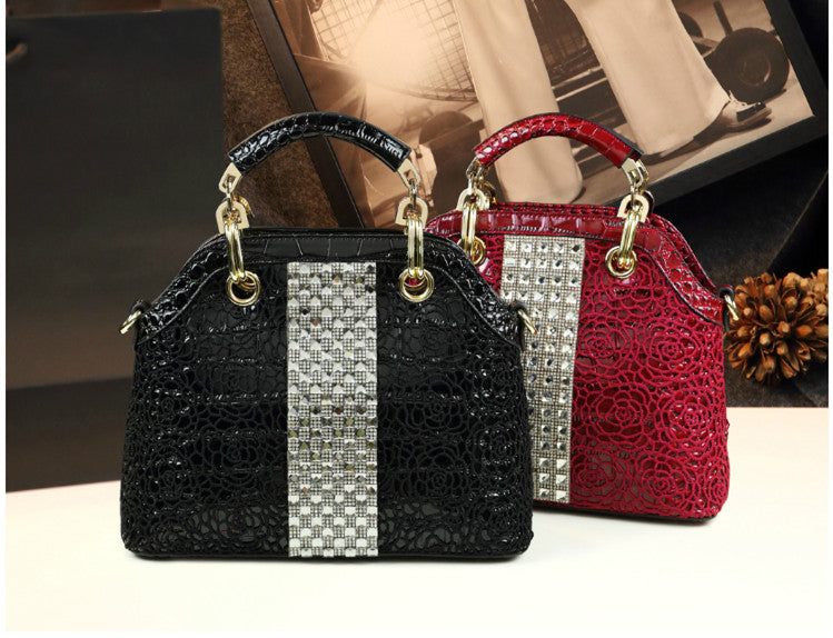 Luxury fashion diamonds women handbags - crocodile pattern leather crossbody - female shoulder shell bag rhinestone.