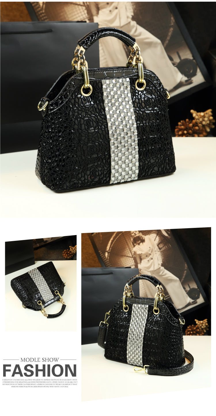 Luxury fashion diamonds women handbags - crocodile pattern leather crossbody - female shoulder shell bag rhinestone.