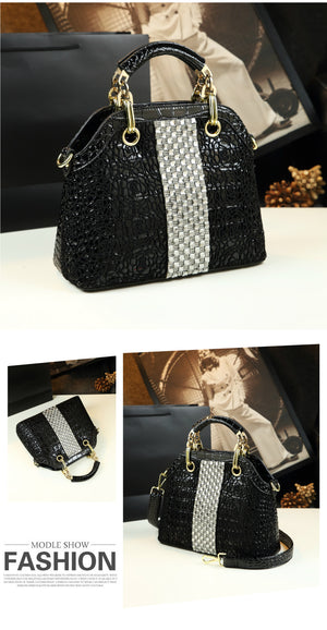 Luxury fashion diamonds women handbags - crocodile pattern leather crossbody - female shoulder shell bag rhinestone.