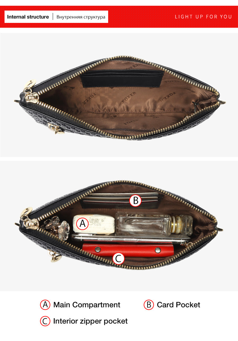 FOXER Brand Genuine Leather Women Crossbody Bags Simple Classic Style Lady Black Messenger Bag Stylish Long Shoulder Strap Bag