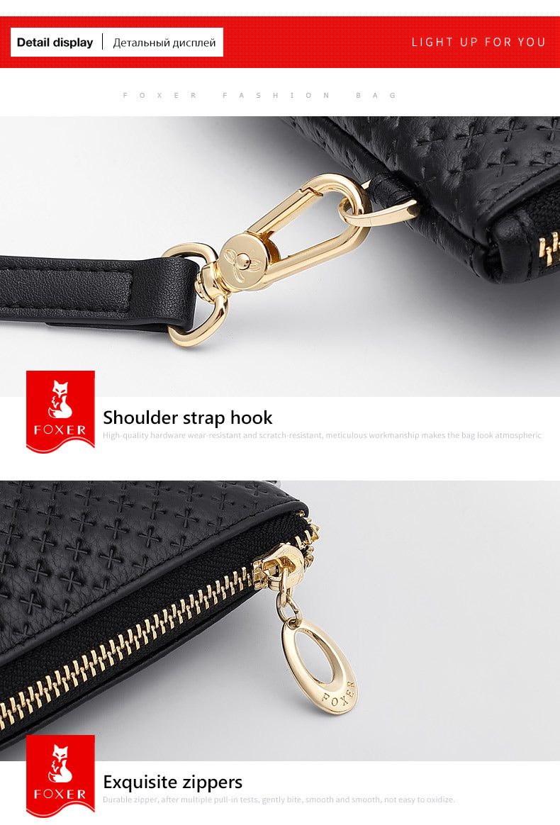 FOXER Brand Genuine Leather Women Crossbody Bags Simple Classic Style Lady Black Messenger Bag Stylish Long Shoulder Strap Bag