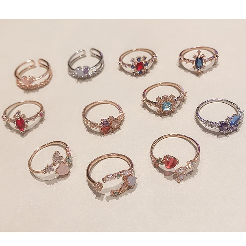 New Korean Sweet Heart Flower Cubic Zircon Adjustable Rings For Women.