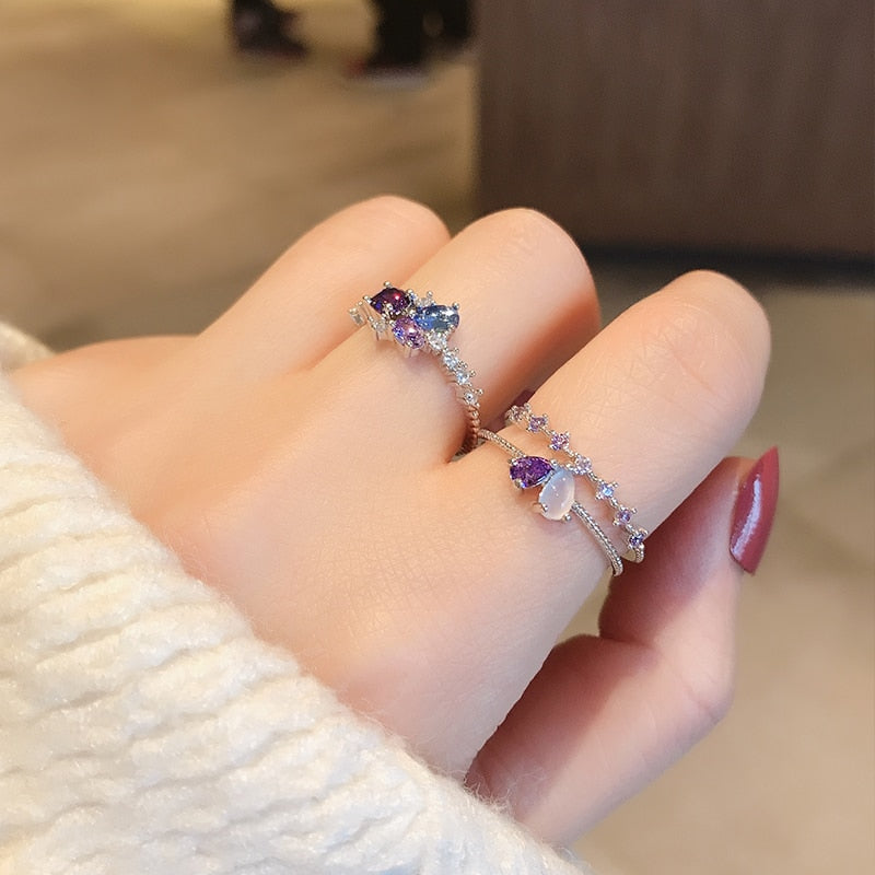 New Korean Sweet Heart Flower Cubic Zircon Adjustable Rings For Women.