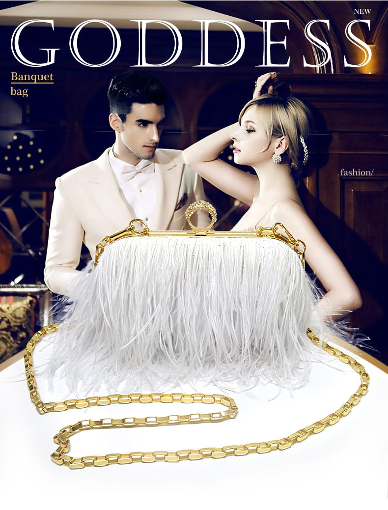 Famous Brand Women Clutch Bags | Ostrich Fur Feather Wallet Clutch Bag Women Clutch Diamond Knuckle Rings Dinner Evening Bag Chain Purse