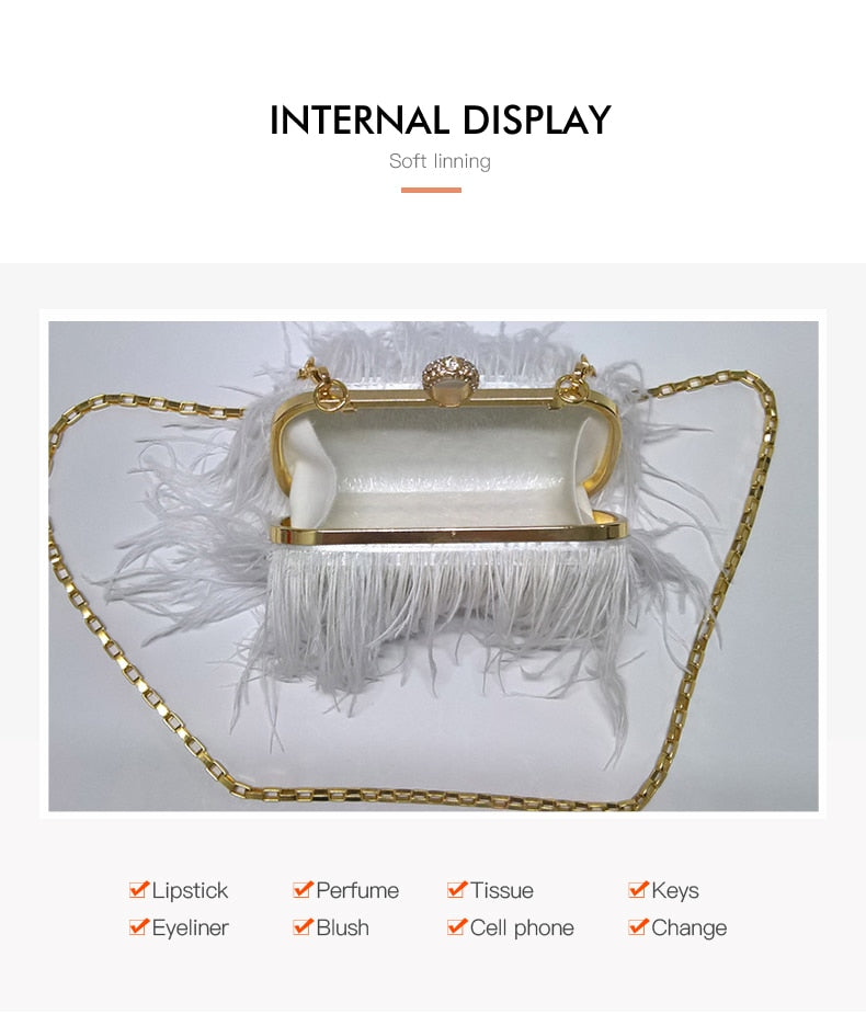 Famous Brand Women Clutch Bags | Ostrich Fur Feather Wallet Clutch Bag Women Clutch Diamond Knuckle Rings Dinner Evening Bag Chain Purse