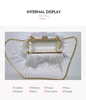 Famous Brand Women Clutch Bags | Ostrich Fur Feather Wallet Clutch Bag Women Clutch Diamond Knuckle Rings Dinner Evening Bag Chain Purse