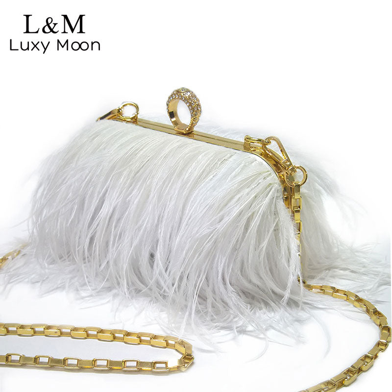 Famous Brand Women Clutch Bags | Ostrich Fur Feather Wallet Clutch Bag Women Clutch Diamond Knuckle Rings Dinner Evening Bag Chain Purse