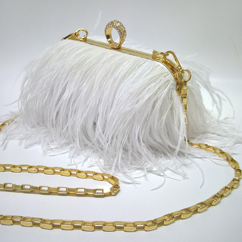 Famous Brand Women Clutch Bags | Ostrich Fur Feather Wallet Clutch Bag Women Clutch Diamond Knuckle Rings Dinner Evening Bag Chain Purse