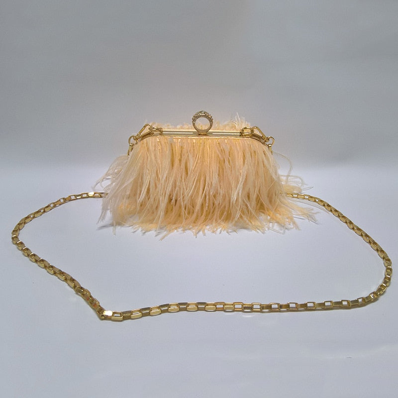 Famous Brand Women Clutch Bags | Ostrich Fur Feather Wallet Clutch Bag Women Clutch Diamond Knuckle Rings Dinner Evening Bag Chain Purse
