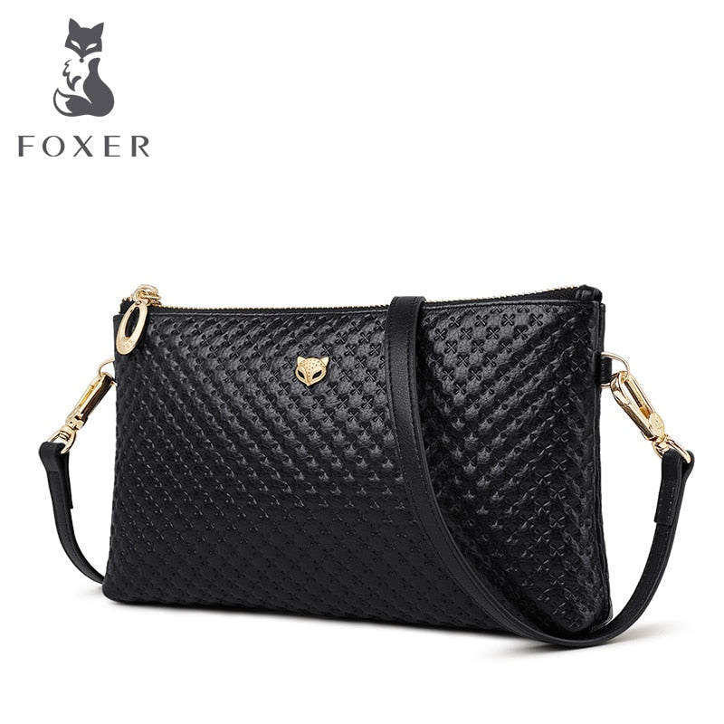 FOXER Brand Genuine Leather Women Crossbody Bags Simple Classic Style Lady Black Messenger Bag Stylish Long Shoulder Strap Bag