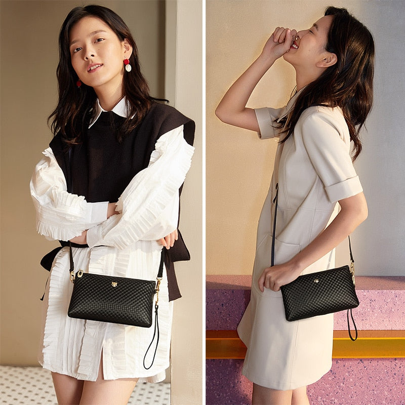 FOXER Brand Genuine Leather Women Crossbody Bags Simple Classic Style Lady Black Messenger Bag Stylish Long Shoulder Strap Bag