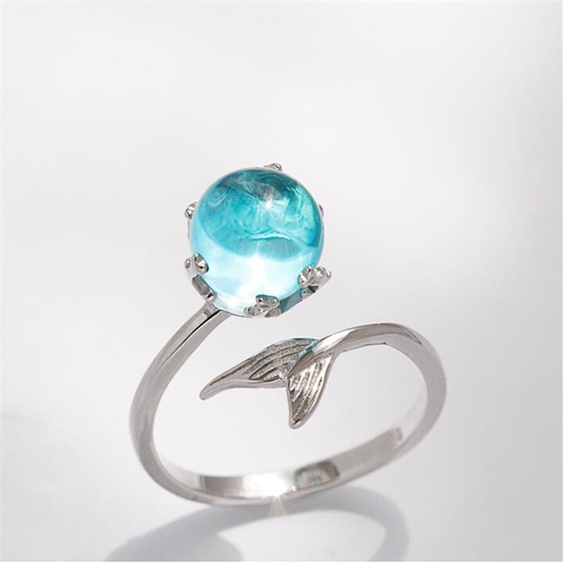 925 Sterling Silver Blue Crystal Mermaid Bubble Open Rings For Women Wedding Birthday Gift Creative Fashion Jewelry jz137