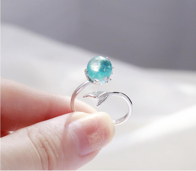 925 Sterling Silver Blue Crystal Mermaid Bubble Open Rings For Women Wedding Birthday Gift Creative Fashion Jewelry jz137