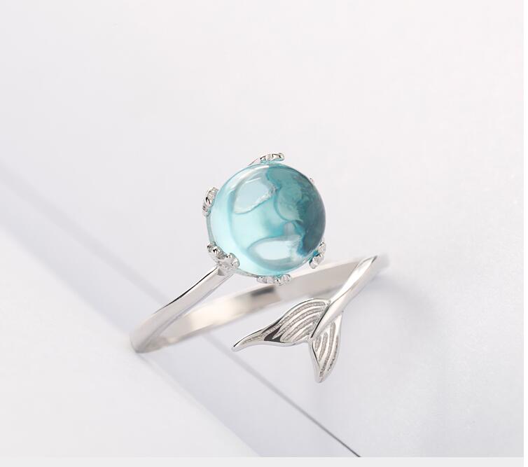 925 Sterling Silver Blue Crystal Mermaid Bubble Open Rings For Women Wedding Birthday Gift Creative Fashion Jewelry jz137