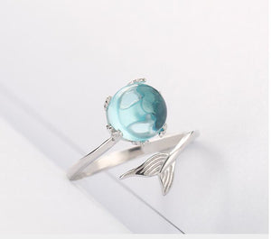 925 Sterling Silver Blue Crystal Mermaid Bubble Open Rings For Women Wedding Birthday Gift Creative Fashion Jewelry jz137