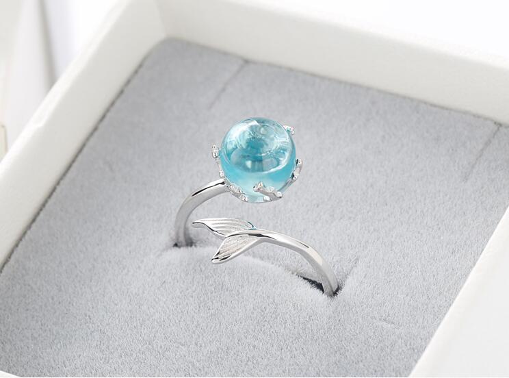 925 Sterling Silver Blue Crystal Mermaid Bubble Open Rings For Women Wedding Birthday Gift Creative Fashion Jewelry jz137