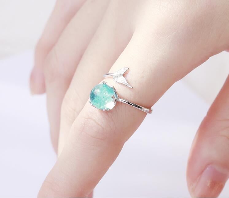 925 Sterling Silver Blue Crystal Mermaid Bubble Open Rings For Women Wedding Birthday Gift Creative Fashion Jewelry jz137