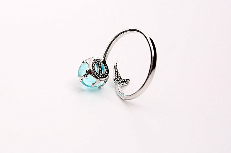 925 Sterling Silver Blue Crystal Mermaid Bubble Open Rings For Women Wedding Birthday Gift Creative Fashion Jewelry jz137