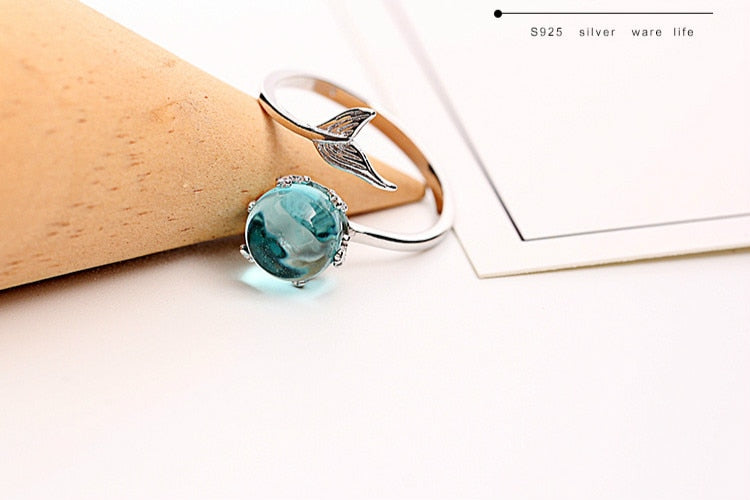925 Sterling Silver Blue Crystal Mermaid Bubble Open Rings For Women Wedding Birthday Gift Creative Fashion Jewelry jz137