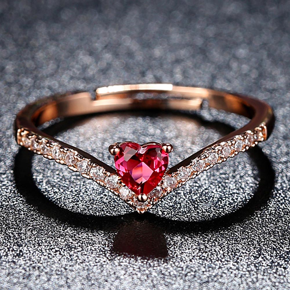 Beiver - Rose Gold Color AAA+ Pink CZ Heart Clear Crystals Cluster Adjustable Finger Ring