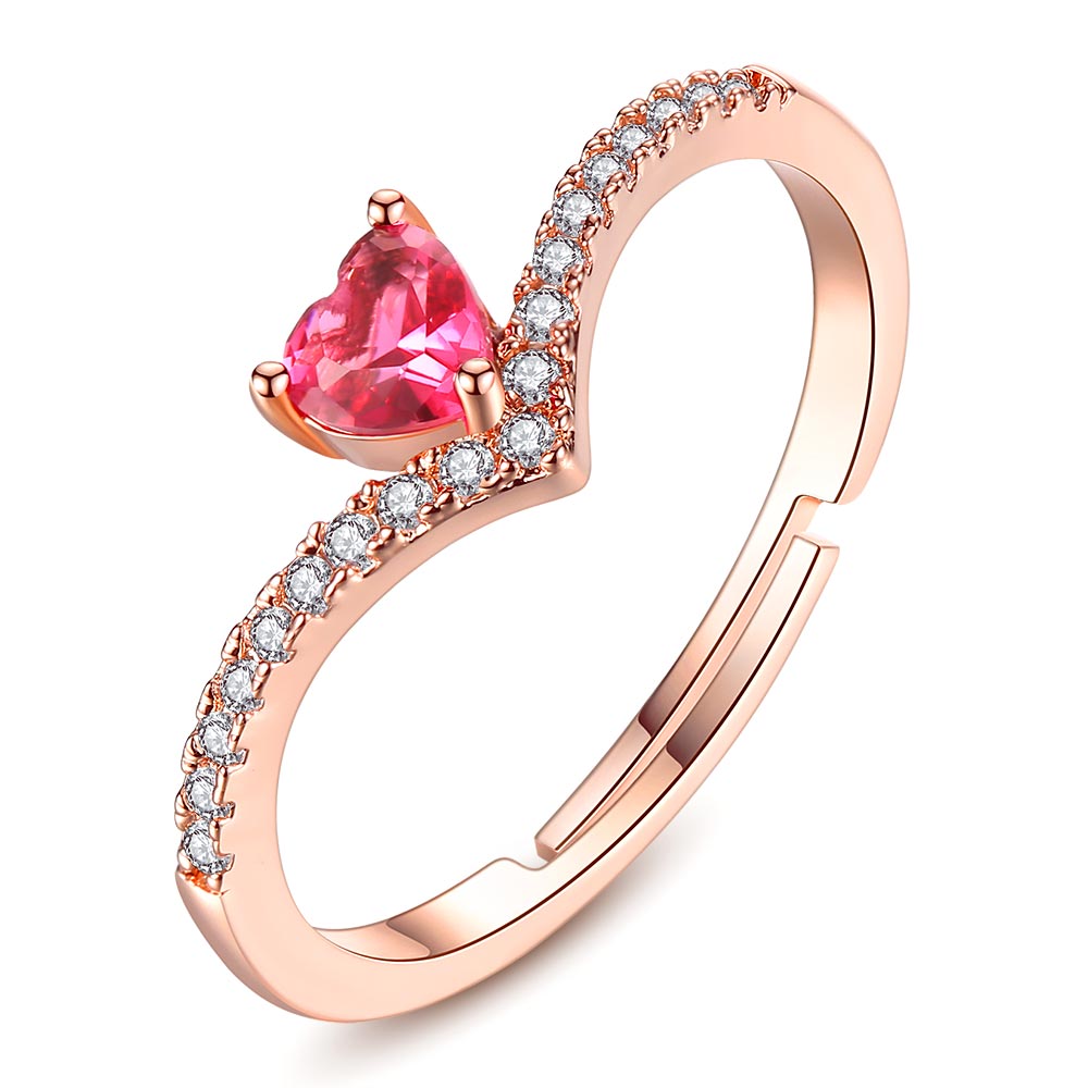 Beiver - Rose Gold Color AAA+ Pink CZ Heart Clear Crystals Cluster Adjustable Finger Ring