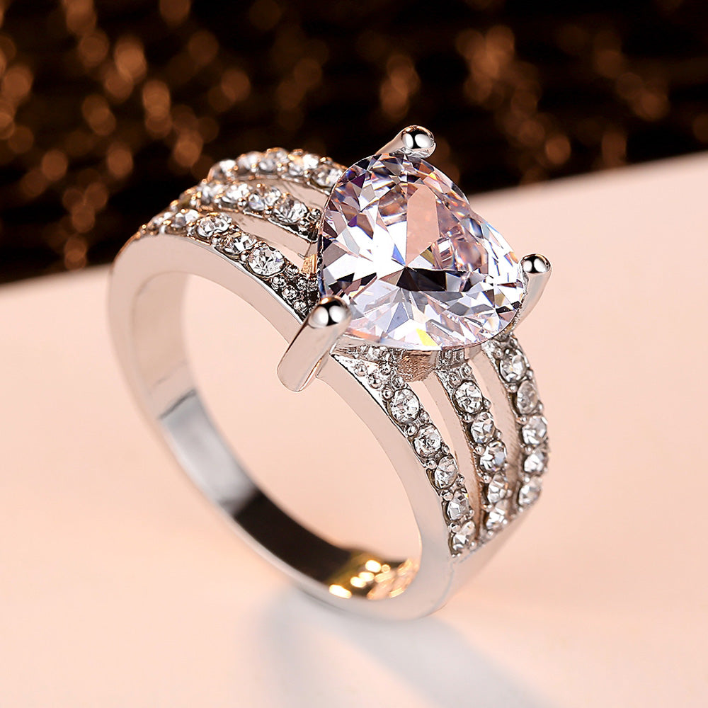 Beiver - Rose Gold Color AAA+ Pink CZ Heart Clear Crystals Cluster Adjustable Finger Ring