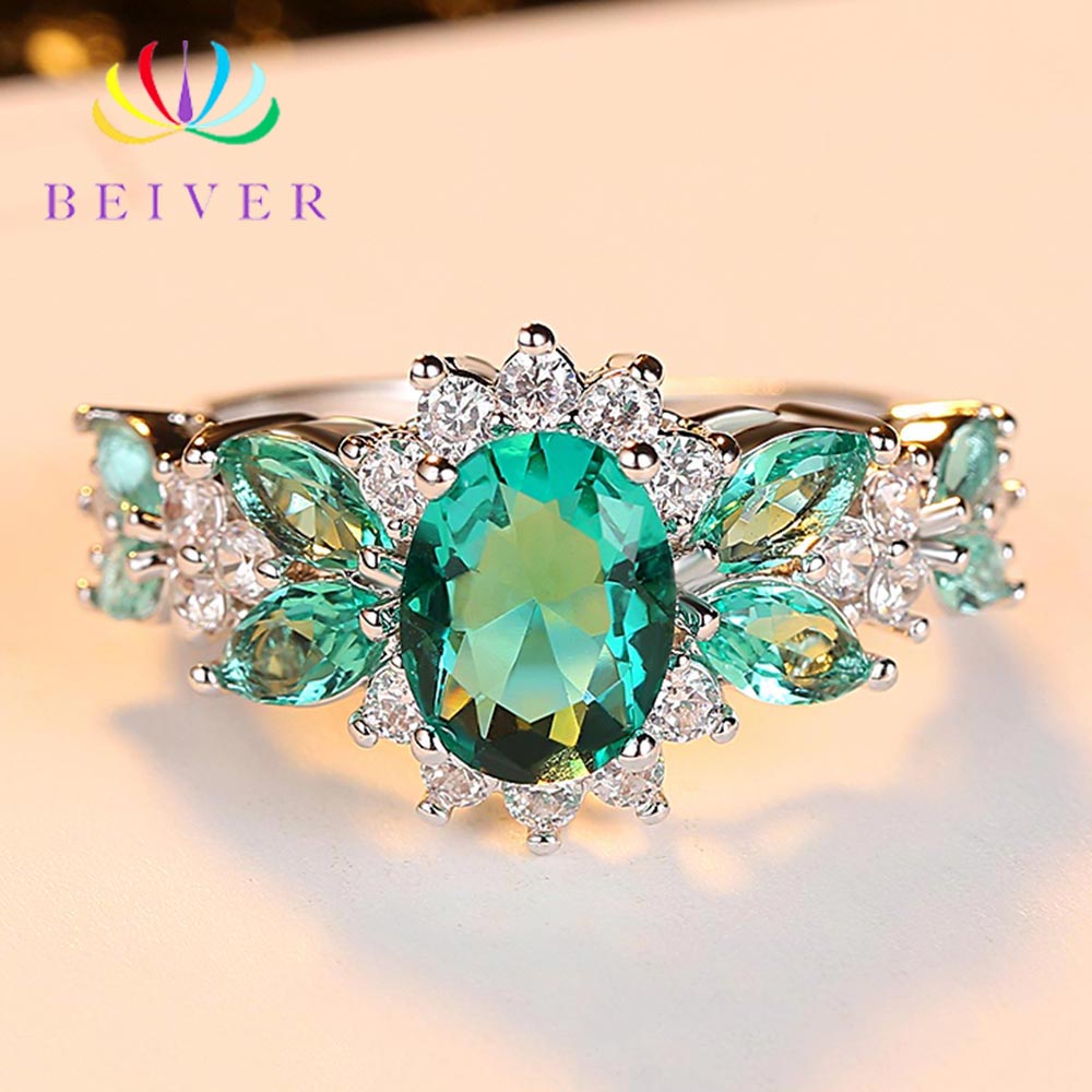 [Beiver] Trendy Micro Pave Cubic Zirconia White Gold Rings for Women | Jewelry Rings Party Decoration.