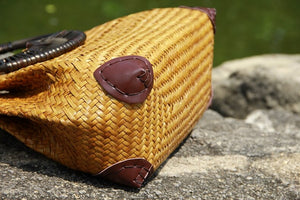 Thai version of the straw bag women's - Travel beach bag bamboo wood handle handbag.