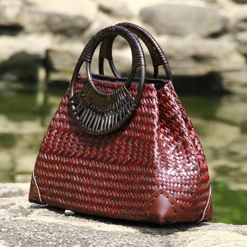 Thai version of the straw bag women's - Travel beach bag bamboo wood handle handbag.