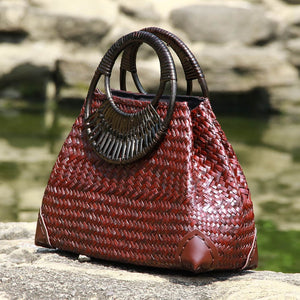 Thai version of the straw bag women's - Travel beach bag bamboo wood handle handbag.