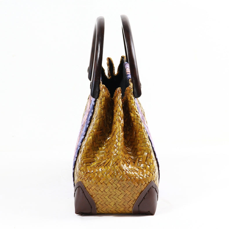 Thai version of the straw bag women's - Travel beach bag bamboo wood handle handbag.