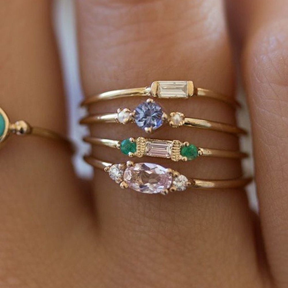 IPARAM 4 Pcs | Set Crystal Zircon Gold Ring Set 2019 Vintage - Bohemian Women Engagement Party Ring Set Jewelry.