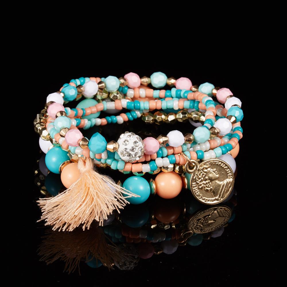 Women Fashion Beads Bracelets Multilayer Seed Bead Coin Charm Tassel Bracelet Set Female Wristband Jewelry Party Gift 6pcs/set