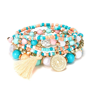 Women Fashion Beads Bracelets Multilayer Seed Bead Coin Charm Tassel Bracelet Set Female Wristband Jewelry Party Gift 6pcs/set