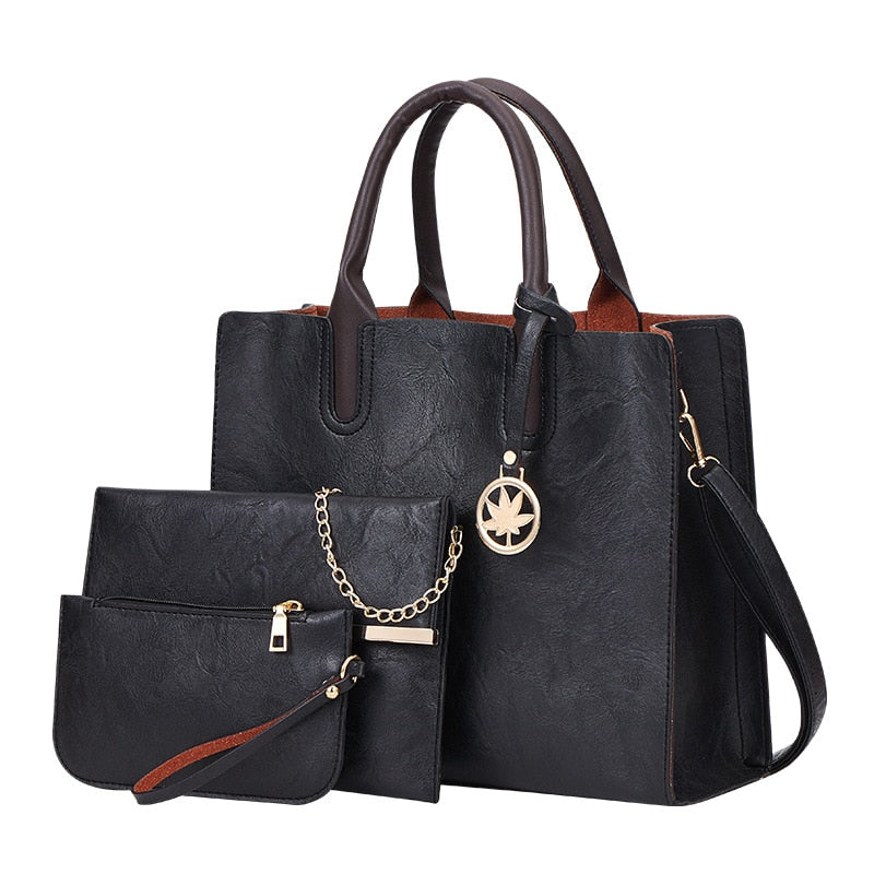 3 pcs set fashion pu leather Women shoulder bags Women's handbag women Crossbody bags female clutches Ladies wallet black