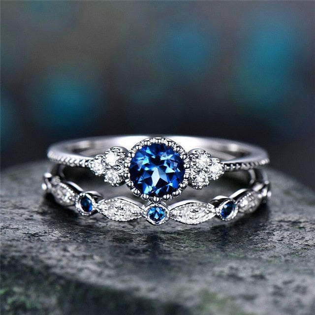 2Pcs/Set rings 2020 New Luxury Green Blue Stone - Crystal Rings For Women Silver Color - Wedding Engagement fashion Jewelry