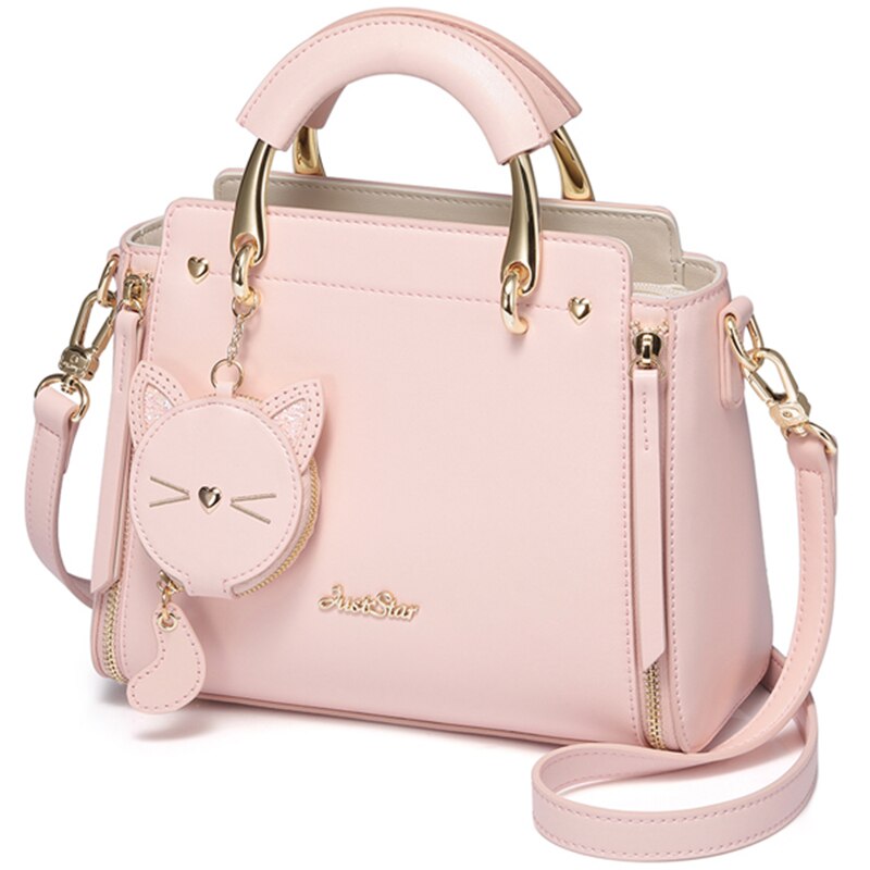 BEAU-Just Star Leather Handbag Ladies Embroidered Cat Handbag Purse Ladies Tassel Stitching Casual Messenger Bag