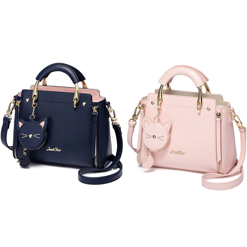 BEAU-Just Star Leather Handbag Ladies Embroidered Cat Handbag Purse Ladies Tassel Stitching Casual Messenger Bag