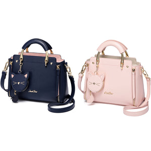 BEAU-Just Star Leather Handbag Ladies Embroidered Cat Handbag Purse Ladies Tassel Stitching Casual Messenger Bag